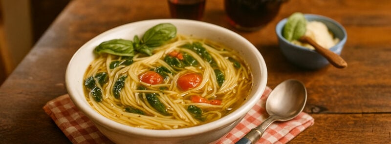 Piatto di pasta a minestra con i tenerumi e pomodoro