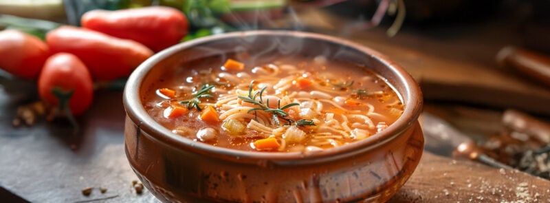 Terrina di terracottota con zuppa di pasta e fagioli