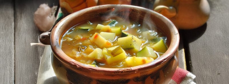 Terrina di terracotta con zuppa di zucchina lunga fumante